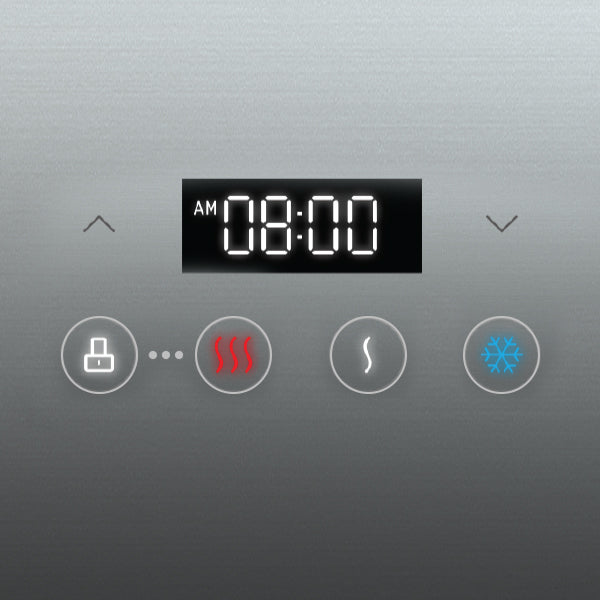 Digital control panel displaying AM 08:00 with buttons for locking, heating, air circulation, and cooling on a metallic background. Up and down arrow icons are also visible.